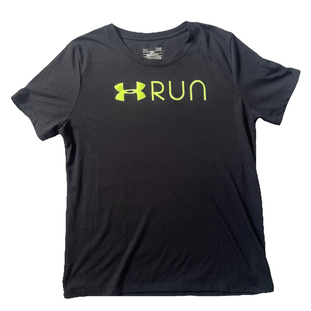 Under Armour Womens HeatGear T-Shirt RUN Logo Black Yellow SZ L Loose Workout
